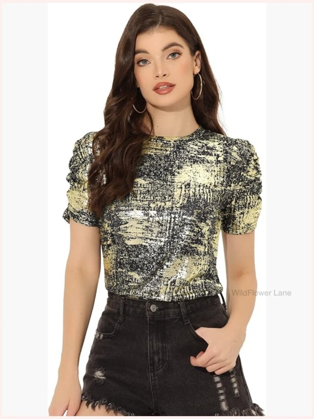 Women's Glitter Puff Sleeve Round Neck Stretch Top Party Shirt